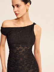 Semi-Sheer Lace One-Shoulder Maxi Dress