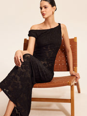 Semi-Sheer Lace One-Shoulder Maxi Dress