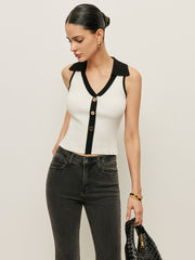 Contrast Trim Collared Buttoned Knit Vest