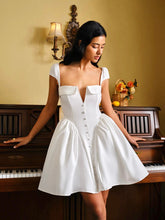 Button-Front Sweetheart Puff Sleeve Dress