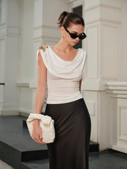 Semi-Sheer Metal Butterfly Cowl-Neck Top