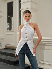 Halter Asymmetrical Metal Button Top