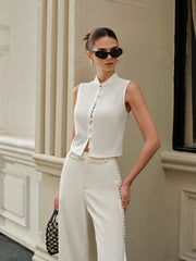 Cotton & Linen Round-Button Semi-Sheer Vest