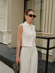 Cotton & Linen Round-Button Semi-Sheer Vest