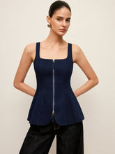 Zip-Front Denim Peplum Top