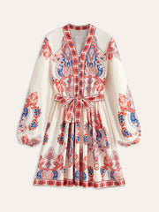 Floral Print Buttoned Belted Dress