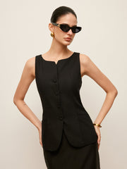 Cotton & Linen Button-Front Vest Without Belt