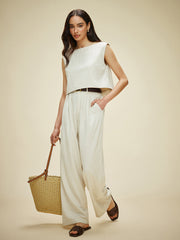 Cotton & Linen Sleeveless Pockets Pants Set Without Belt