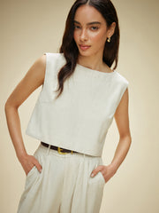 Cotton & Linen Sleeveless Pockets Pants Set Without Belt