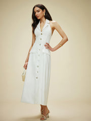 Cotton & Linen Pocket-Detail Halter Neck Tie-Back Dress