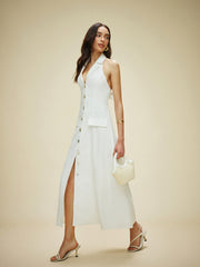 Cotton & Linen Pocket-Detail Halter Neck Tie-Back Dress