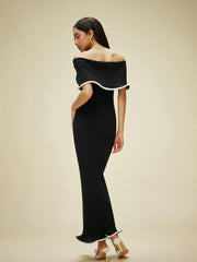 Color Block Off-Shoulder Ruffled Knit Dress