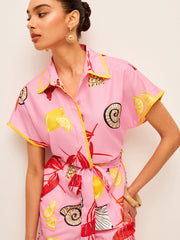 Fruit & Shell Print Tie-Waist Jumpsuit