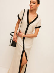 Cotton & Linen High-Slit Contrast Trim Dress