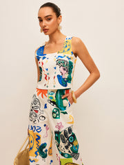 Graphic Print Crop Top With Wide-Leg Pants Set