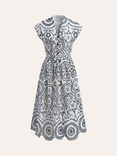 Embroidered V-Neck Belted Dress