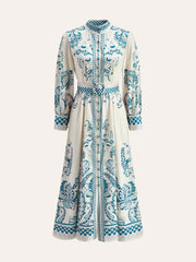 Print Button Detail Belted Dress