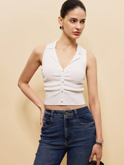 Sleeveless Button-Front Crop Sweater Vest