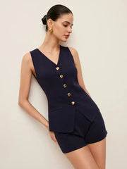 Knitted Button-Front Vest With Shorts Set