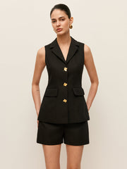 Cotton & Linen Button Detail Pockets Vest
