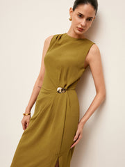 Metal Detail Shirred Waist Sleeveless Spilt Dress