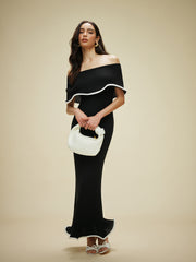 Color Block Off-Shoulder Ruffled Knit Dress