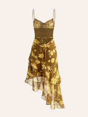 Floral Ruffle Hem Back Tie Cami Dres