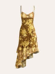 Floral Ruffle Hem Back Tie Cami Dres