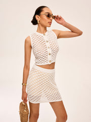 Semi-Sheer Button Detail Knit Skirt Set