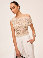 Asymmetrical Off-Shoulder Semi-Sheer Crochet Top