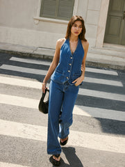 Denim Back Tie Halter Vest