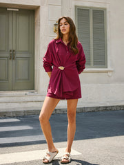 Cotton Metal-Button Ruched Shorts Sets