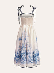 Color Block Floral Print Dress With Tie Straps