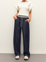 High-Waist Drawstring Denim Pants With Pockets