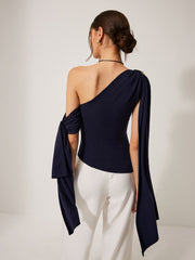 One-Shoulder Draped Tie Detail Top