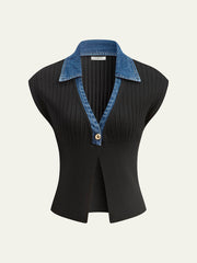 Denim Trim Ribbed Knit Top