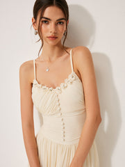 Button-Detail Mesh Panel Dress