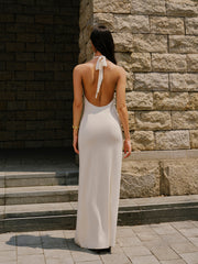 Embroidered Split Knit Halter Dress