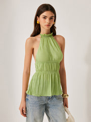 Pleated Halter Top With Tie Neck