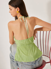 Pleated Halter Top With Tie Neck