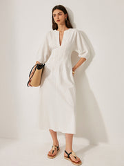 Cotton & Linen Puff Sleeve Dress Without Belt