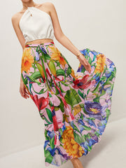 Semi-Sheer Floral Print Belted Chiffon Skirt