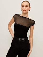 Semi-Sheer Mesh Panel Boat Neck T-Shirt