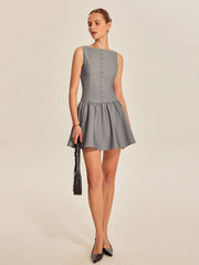 Button Front Pleated Sleeveless Dress