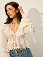 Semi-Sheer Chiffon Lace Detail Top