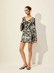 Printed Tie-Front Bell Sleeve Dress