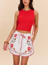 Cotton & Linen Floral Embroidered Shorts With Drawstring Waist