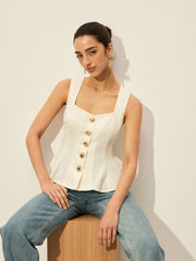 Square Neck Button-Front Peplum Top