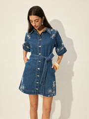 Embroidered Denim Shirt Dress With Belt