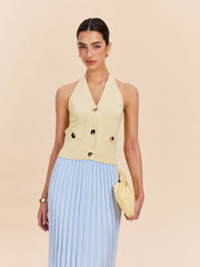 Halter Neck Ribbed Knit Vest With Decor Pockets